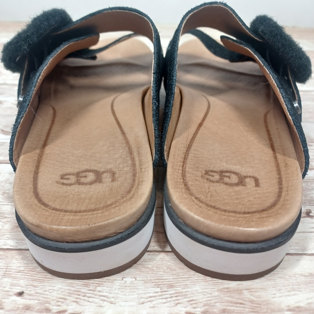 UGG Suede 2 Strap Slide On Sandals Fuzzy Buckle Women's Size 7 Black - Picture 10 of 14